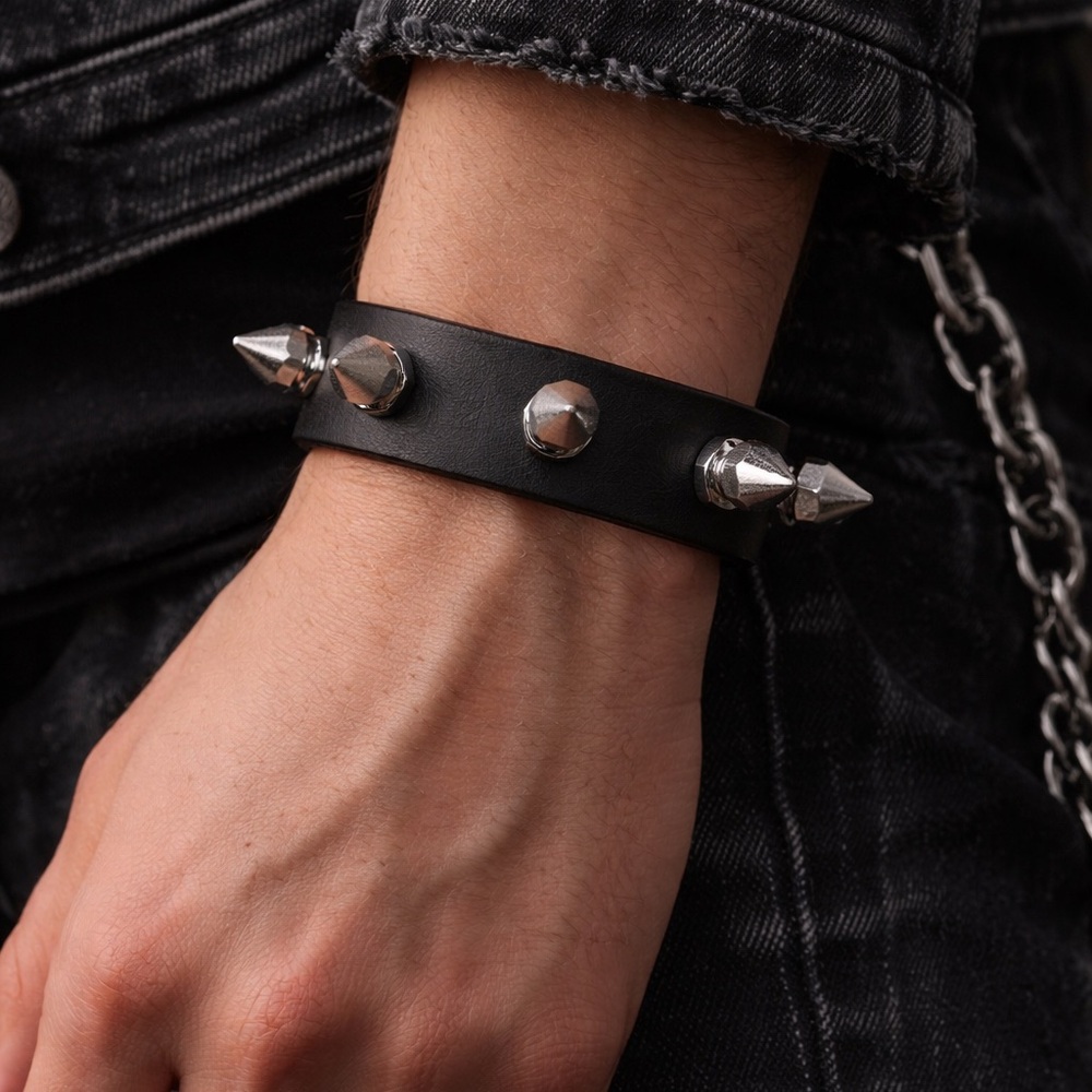Handmade Black Leather Spike Bracelet | Punk Goth Biker Studded Wristband
